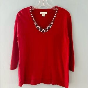 Vibrant Red Sweater with Embellished Neckline